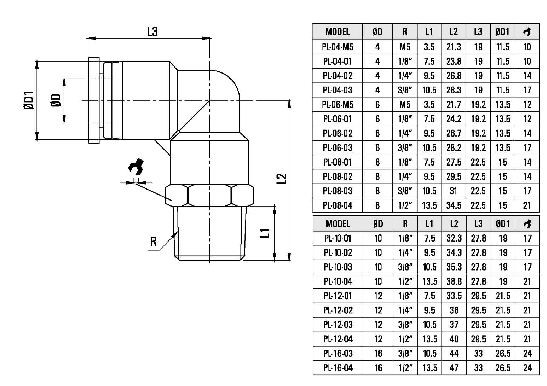 Złączka wtykowa kątowa wąż 10mm gwint 1/2" PL10-G04 Złączka wtykowa kątowa wąż 10mm gwint 1/2" PL10-G04