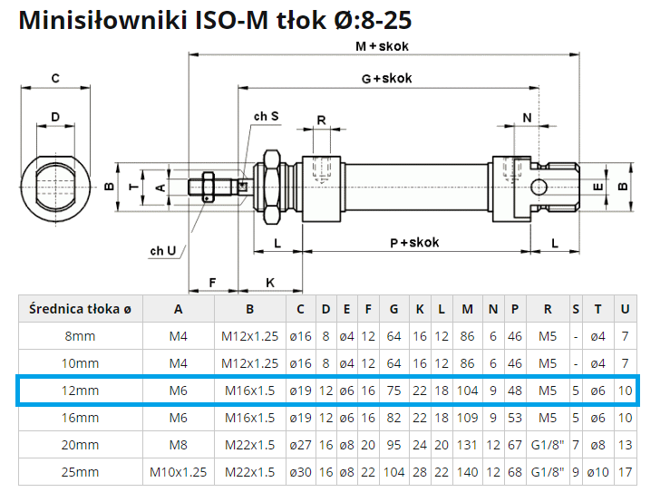 Siłownik pneumatyczny ISO-M 12X125 skok 125mm M5 dwustronny Siłownik pneumatyczny ISO-M 12X125 skok 125mm M5 dwustronny