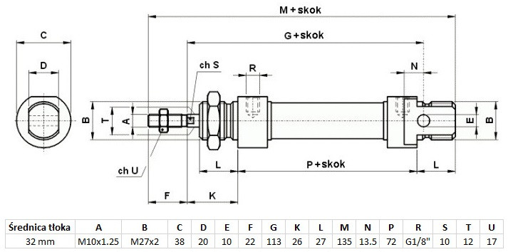 Siłownik pneumatyczny ISO-M 32X200 skok 200mm 1/8" dwustronny Siłownik pneumatyczny ISO-M 32X200 skok 200mm 1/8" dwustronny