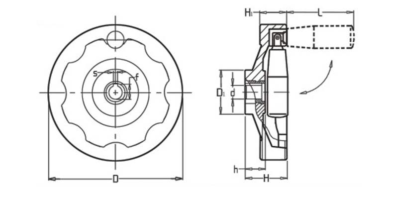 Koło ręczne pełne karbowane 100 mm, rękojeść obrotowa składana, bakelit, czarne | Wagney BT.KRPK-100-OS Koło ręczne pełne karbowane 100 mm, rękojeść obrotowa składana, bakelit, czarne | Wagney BT.KRPK-100-OS
