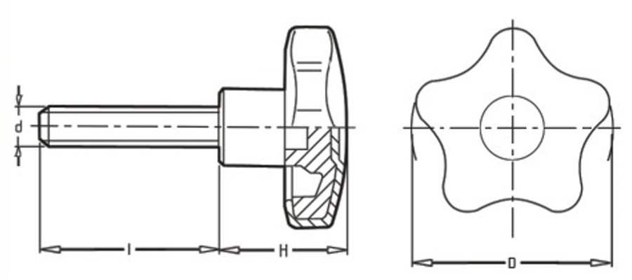 Pokrętło gwiazdowe pięcioramienne 32 mm, trzpień M6x16, czarne| Wagney BT.PK5-32-M6x16