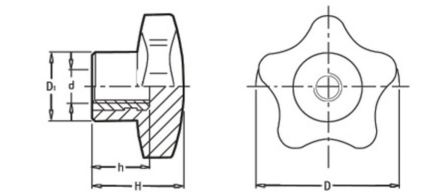 Pokrętło gwiazdowe pięcioramienne 50 mm, gwint M10, wtopka mosiężna | Wagney BT.PK5-50-M10-BR Pokrętło gwiazdowe pięcioramienne 50 mm, gwint M10, wtopka mosiężna | Wagney BT.PK5-50-M10-BR
